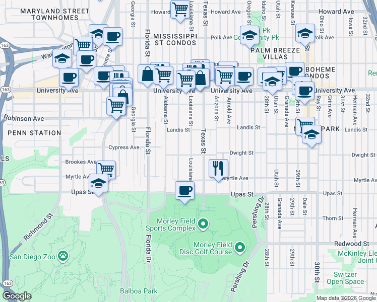 map of restaurants, bars, coffee shops, grocery stores, and more near 3583 Mississippi Street in San Diego