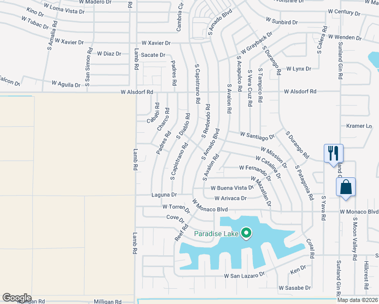 map of restaurants, bars, coffee shops, grocery stores, and more near 15020 South Redondo Road in Arizona City