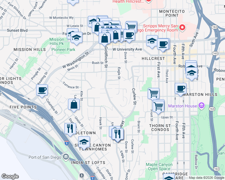 map of restaurants, bars, coffee shops, grocery stores, and more near 801 Torrance Street in San Diego