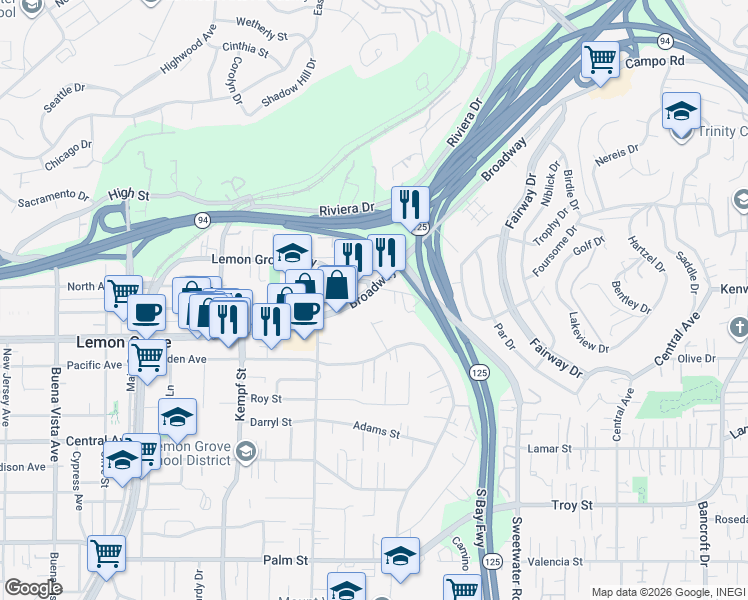 map of restaurants, bars, coffee shops, grocery stores, and more near 8181 Broadway in Lemon Grove