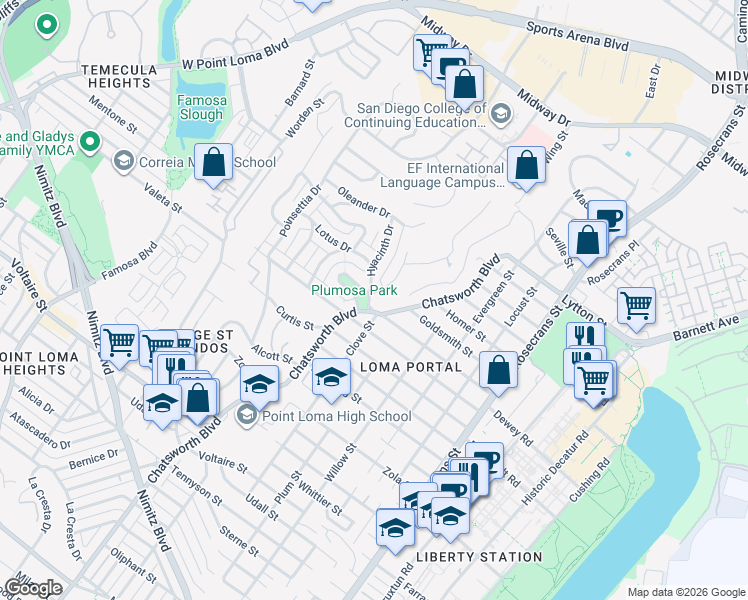 map of restaurants, bars, coffee shops, grocery stores, and more near 3602 Hyacinth Drive in San Diego