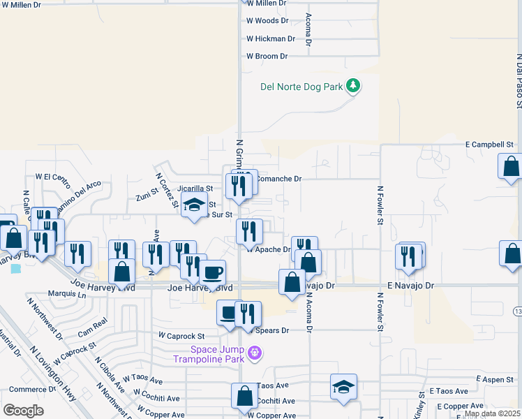map of restaurants, bars, coffee shops, grocery stores, and more near 24 Stonecrest Court in Hobbs