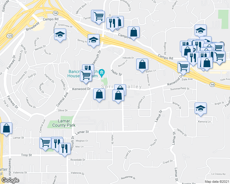 map of restaurants, bars, coffee shops, grocery stores, and more near 9209 Kenwood Drive in Spring Valley
