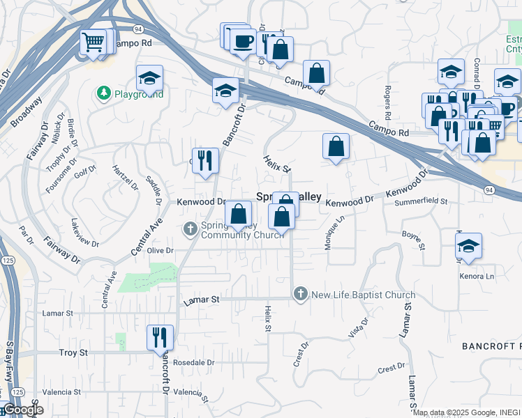 map of restaurants, bars, coffee shops, grocery stores, and more near 9209 Kenwood Drive in Spring Valley