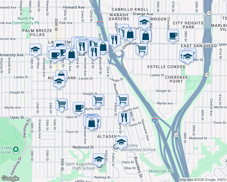 map of restaurants, bars, coffee shops, grocery stores, and more near 3585 Felton Street in San Diego