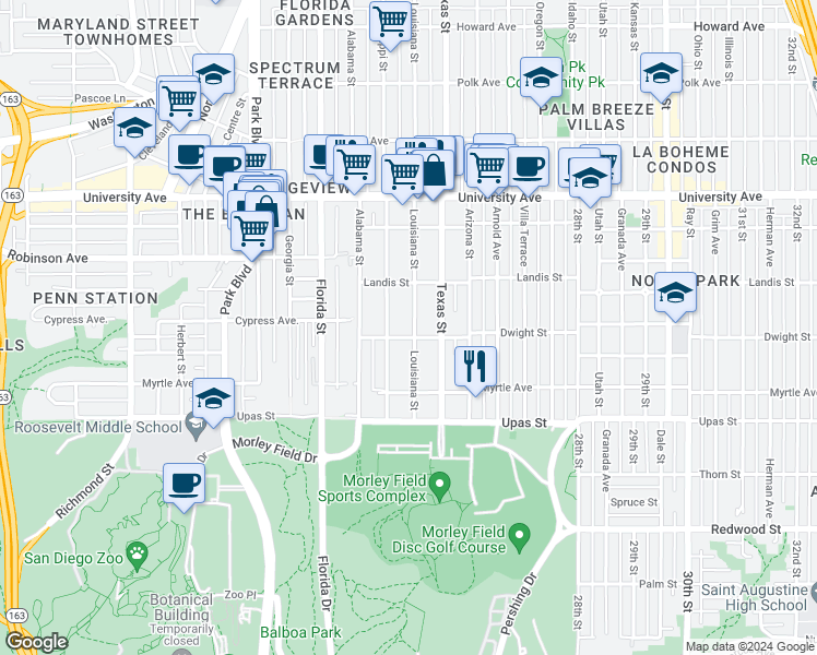 map of restaurants, bars, coffee shops, grocery stores, and more near 3583 Mississippi Street in San Diego