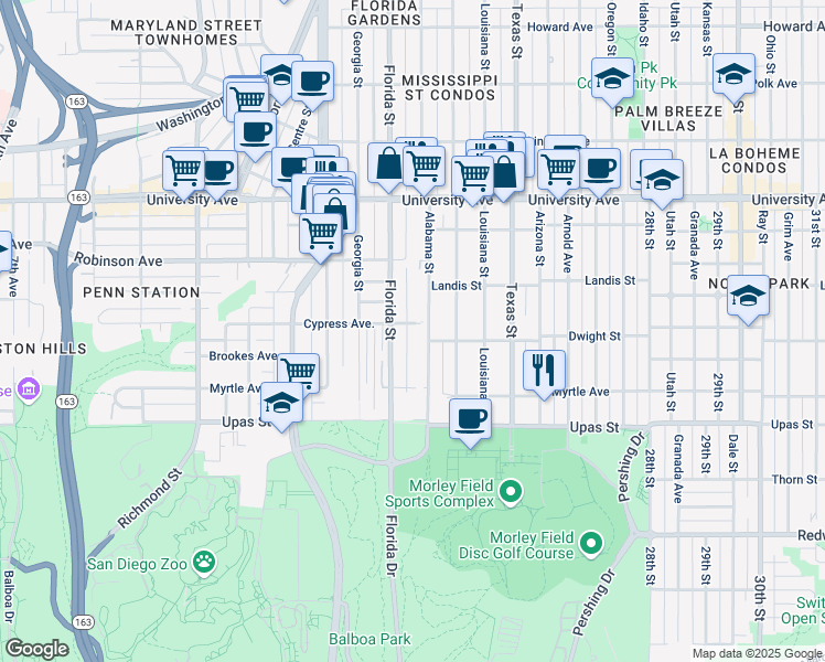map of restaurants, bars, coffee shops, grocery stores, and more near 3606 Alabama Street in San Diego
