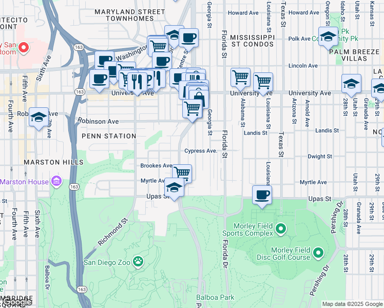 map of restaurants, bars, coffee shops, grocery stores, and more near 3611 Park Boulevard in San Diego