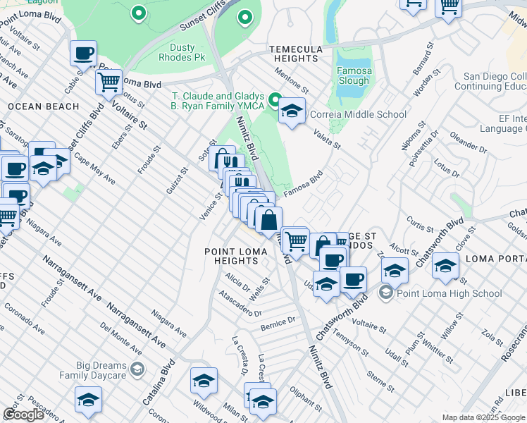 map of restaurants, bars, coffee shops, grocery stores, and more near 4148 Voltaire Street in San Diego