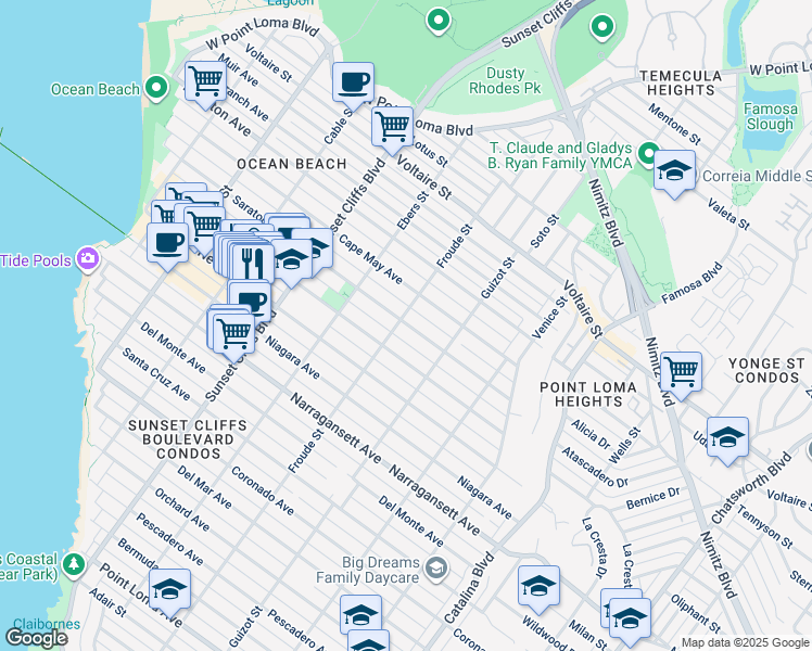 map of restaurants, bars, coffee shops, grocery stores, and more near 4586 Santa Monica Avenue in San Diego