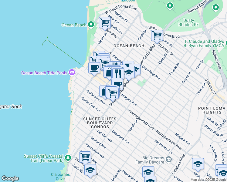 map of restaurants, bars, coffee shops, grocery stores, and more near 1822 Sunset Cliffs Boulevard in San Diego