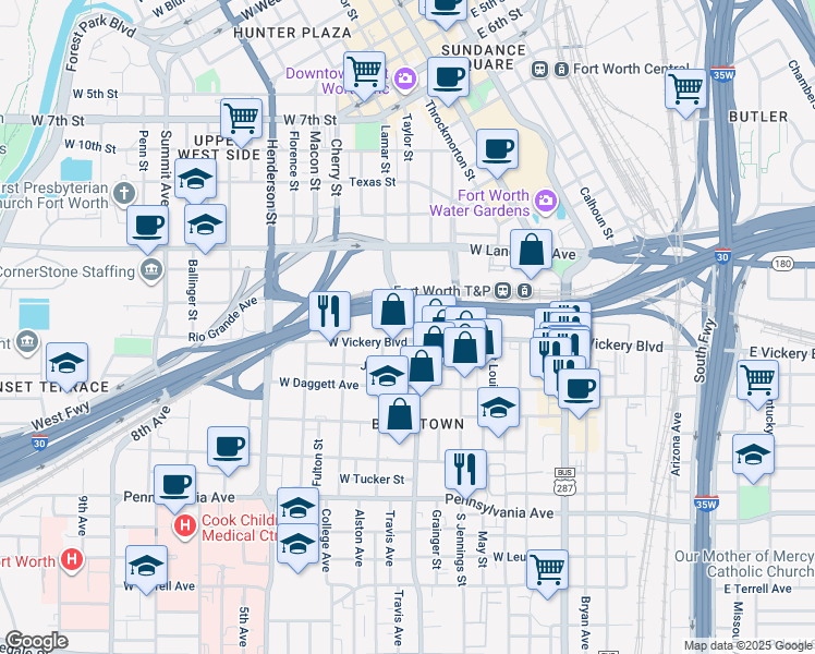 map of restaurants, bars, coffee shops, grocery stores, and more near 701 West Vickery Boulevard in Fort Worth