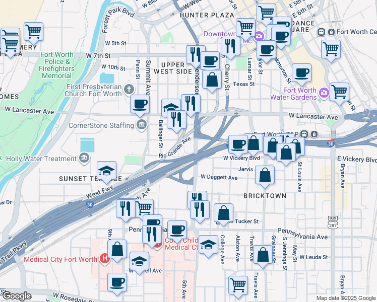 map of restaurants, bars, coffee shops, grocery stores, and more near Interstate 30 in Fort Worth