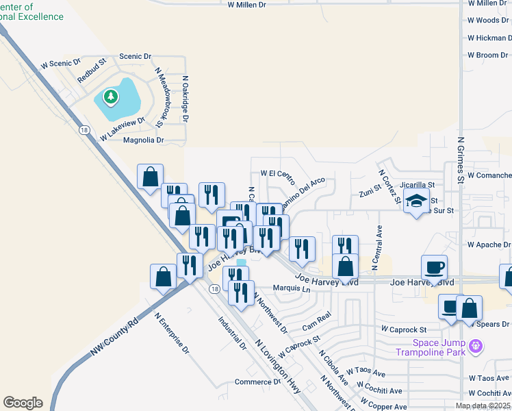 map of restaurants, bars, coffee shops, grocery stores, and more near 4010 North Calle Grande in Hobbs