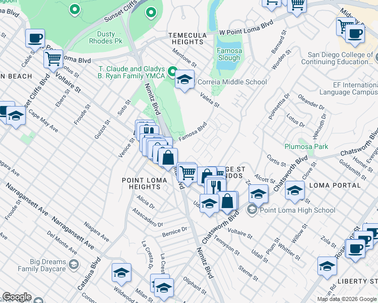 map of restaurants, bars, coffee shops, grocery stores, and more near 2274 Caminito Pescado in San Diego