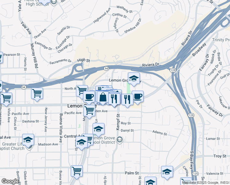 map of restaurants, bars, coffee shops, grocery stores, and more near 3465 Grove Street in Lemon Grove
