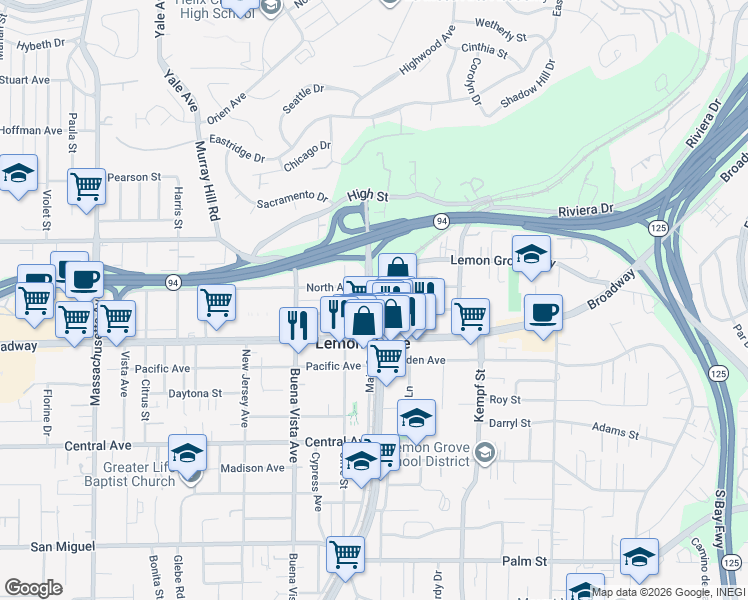 map of restaurants, bars, coffee shops, grocery stores, and more near 3466 Main Street in Lemon Grove