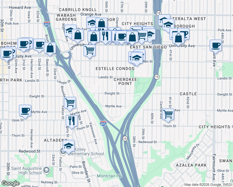map of restaurants, bars, coffee shops, grocery stores, and more near Dwight St & Cherokee Ave in San Diego