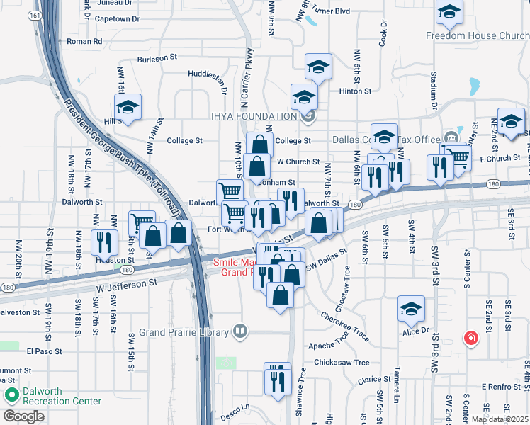 map of restaurants, bars, coffee shops, grocery stores, and more near 200-242 Northwest 9th Street in Grand Prairie
