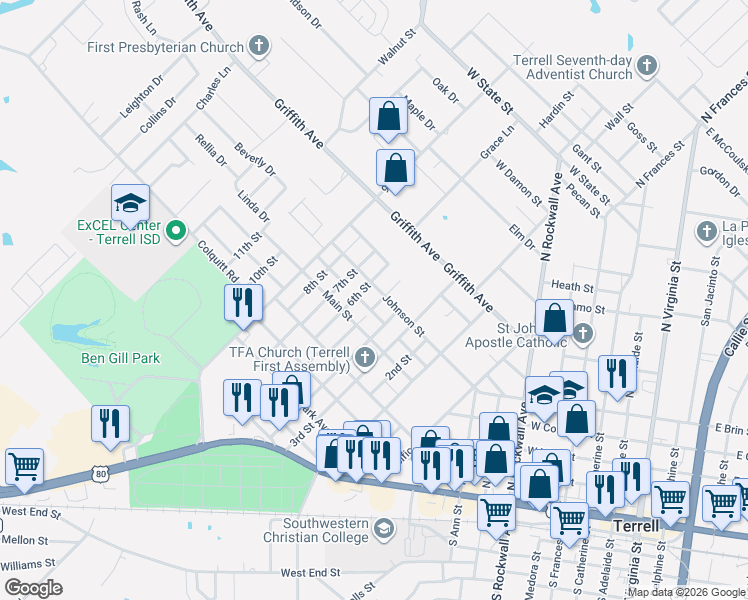 map of restaurants, bars, coffee shops, grocery stores, and more near 701 Johnson Street in Terrell