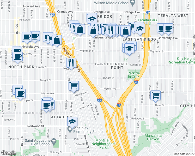map of restaurants, bars, coffee shops, grocery stores, and more near Dwight Street & Wilson Avenue in San Diego