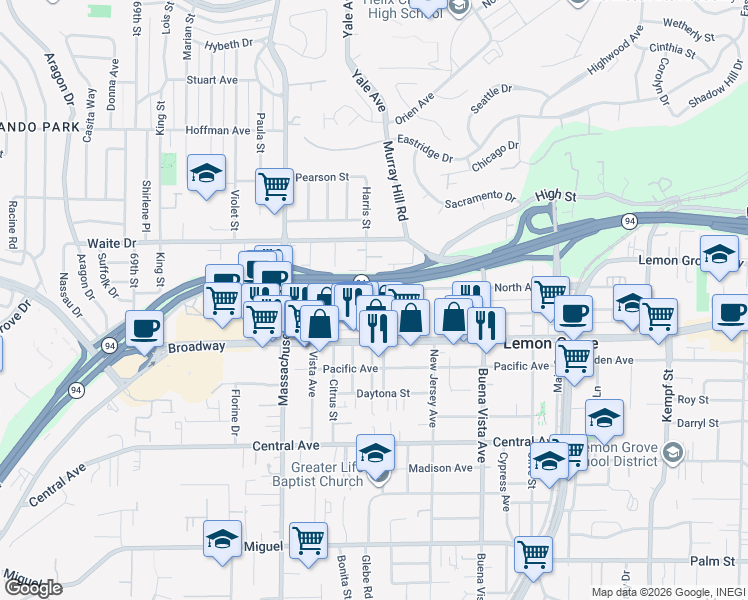 map of restaurants, bars, coffee shops, grocery stores, and more near 3463 Harris Street in Lemon Grove