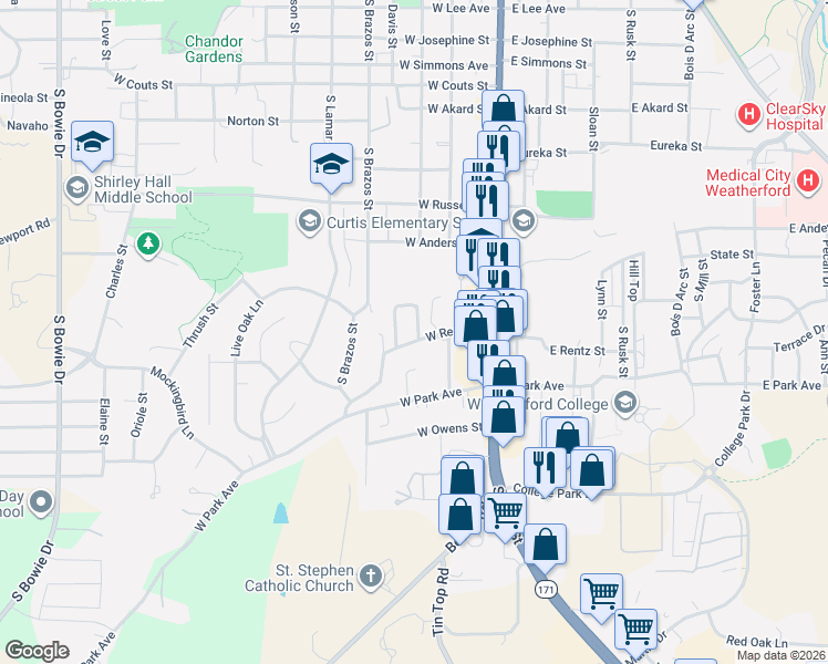 map of restaurants, bars, coffee shops, grocery stores, and more near 200 South Waco Street in Weatherford