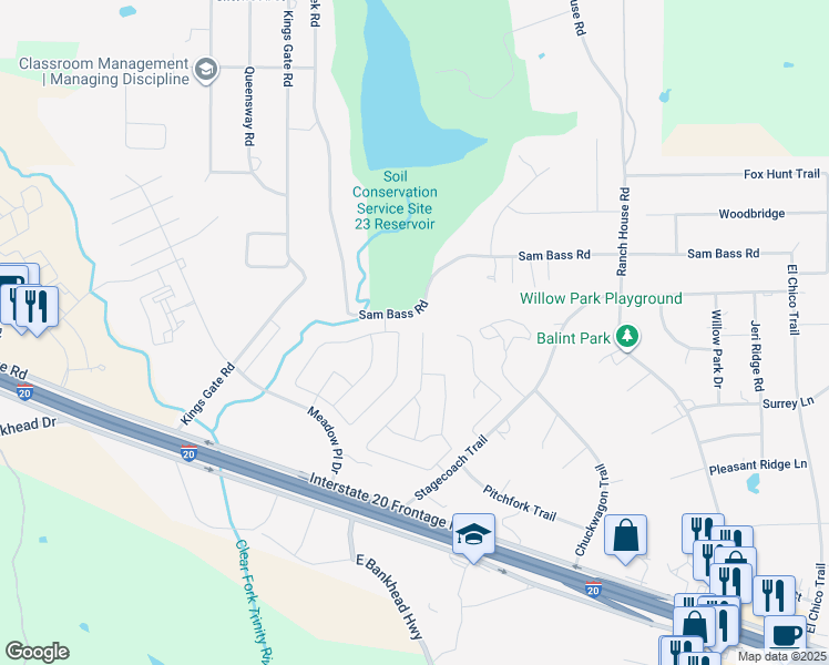 map of restaurants, bars, coffee shops, grocery stores, and more near 183 Overland Trail in Willow Park