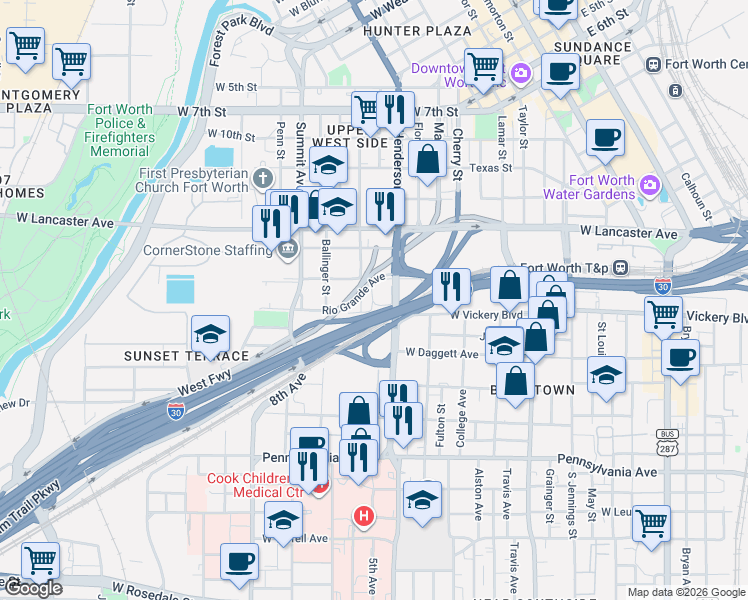 map of restaurants, bars, coffee shops, grocery stores, and more near 1400 Henderson Street in Fort Worth
