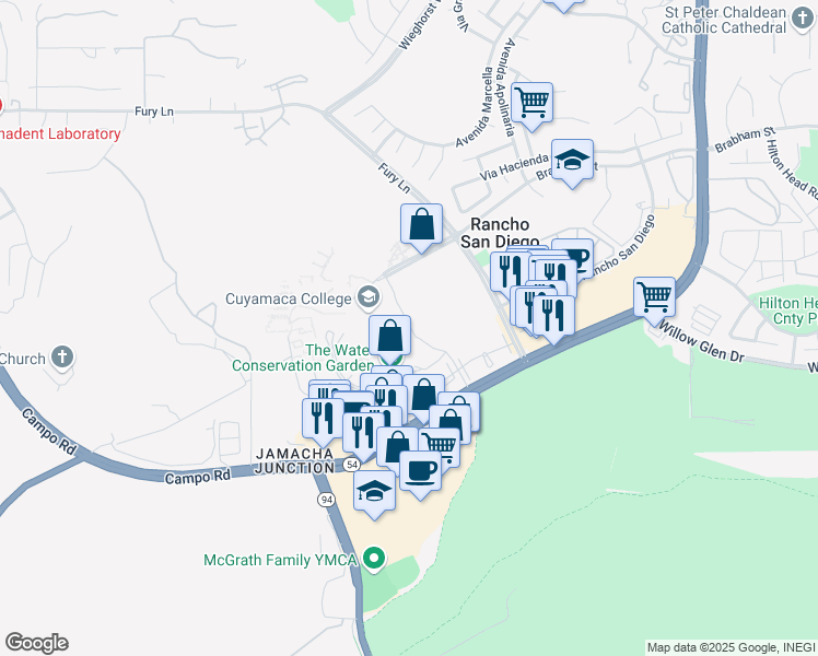 map of restaurants, bars, coffee shops, grocery stores, and more near 12191 Cuyamaca College Drive East in El Cajon