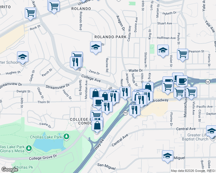 map of restaurants, bars, coffee shops, grocery stores, and more near 6591 Lemarand Avenue in San Diego