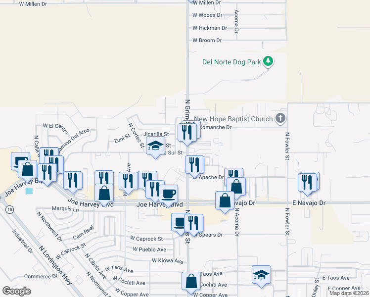 map of restaurants, bars, coffee shops, grocery stores, and more near 4007 North Grimes Street in Hobbs