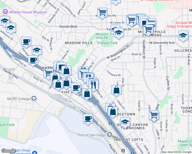 map of restaurants, bars, coffee shops, grocery stores, and more near 1663 Guy Street in San Diego