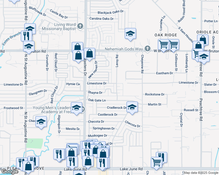 map of restaurants, bars, coffee shops, grocery stores, and more near 10332 Shayna Drive in Dallas