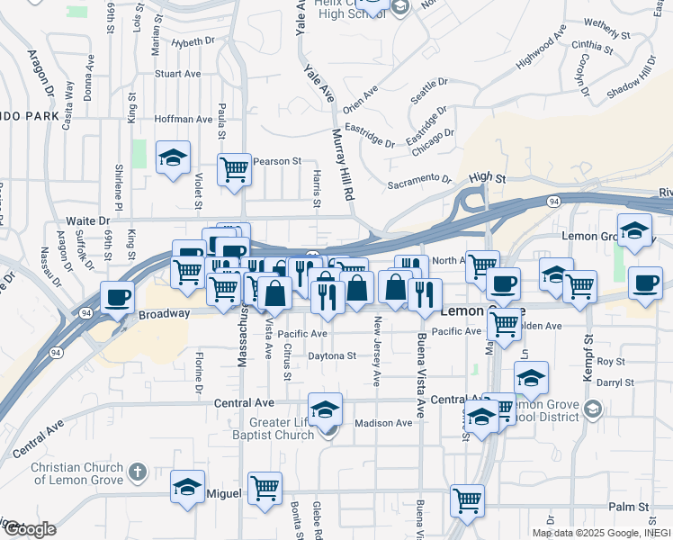 map of restaurants, bars, coffee shops, grocery stores, and more near 3560-62 West Street in Lemon Grove