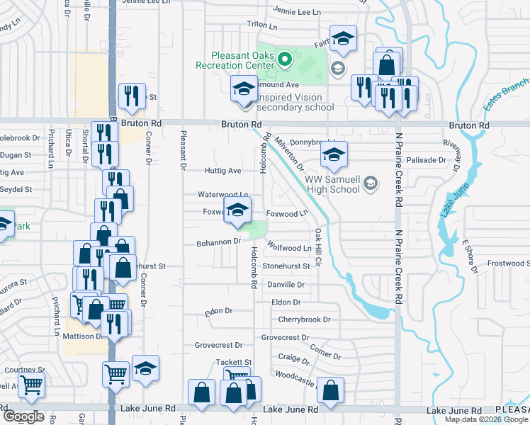 map of restaurants, bars, coffee shops, grocery stores, and more near Holcomb Rd & Foxwood Ln in Dallas