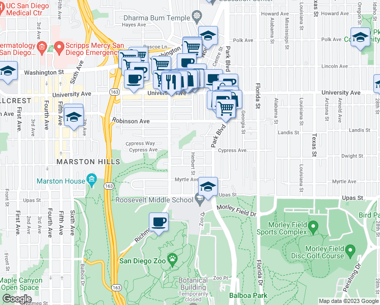 map of restaurants, bars, coffee shops, grocery stores, and more near 1517 Cypress Avenue in San Diego