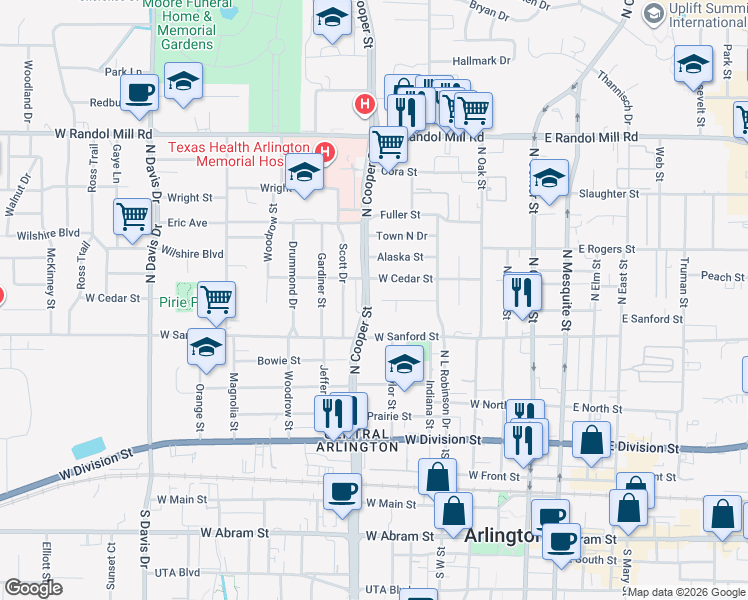 map of restaurants, bars, coffee shops, grocery stores, and more near 501 West Sanford Street in Arlington