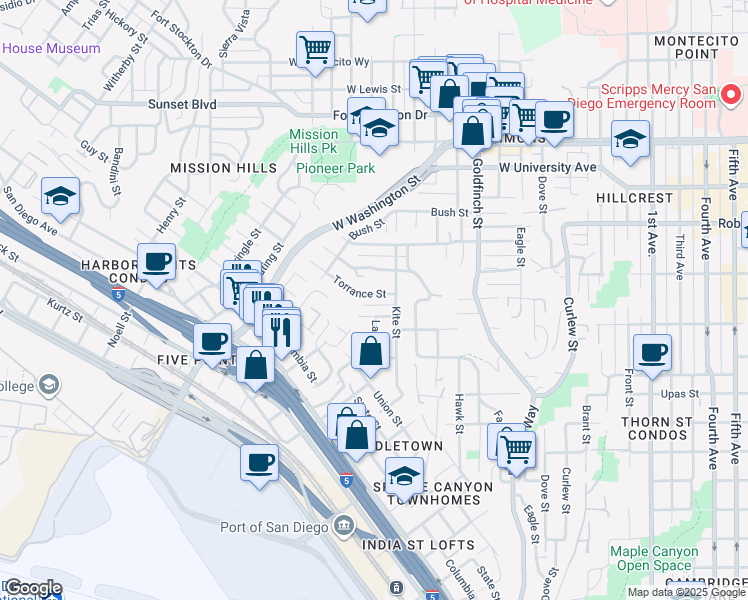 map of restaurants, bars, coffee shops, grocery stores, and more near 1405 Torrance Street in San Diego