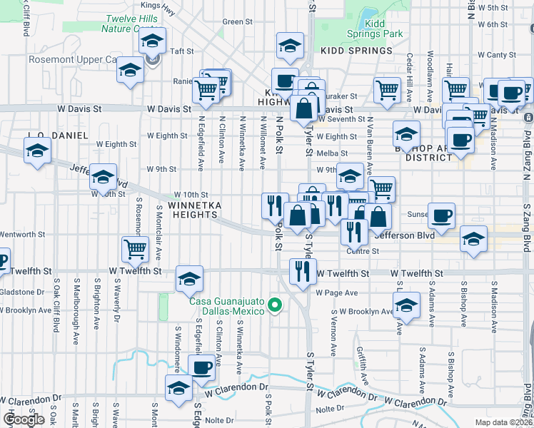 map of restaurants, bars, coffee shops, grocery stores, and more near 202 South Willomet Avenue in Dallas