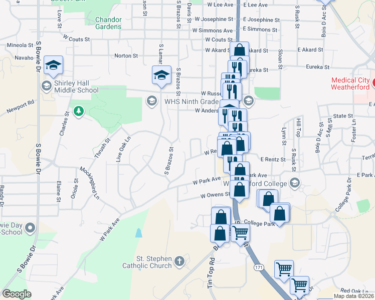 map of restaurants, bars, coffee shops, grocery stores, and more near 244 Rentz Place Circle in Weatherford