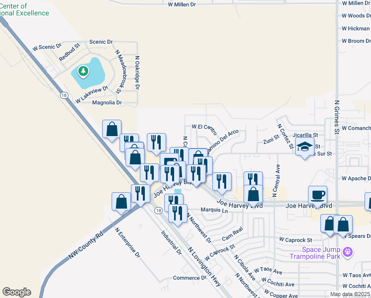 map of restaurants, bars, coffee shops, grocery stores, and more near 4010 North Calle Grande in Hobbs
