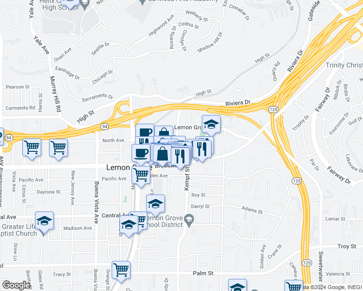 map of restaurants, bars, coffee shops, grocery stores, and more near 3465 Grove Street in Lemon Grove