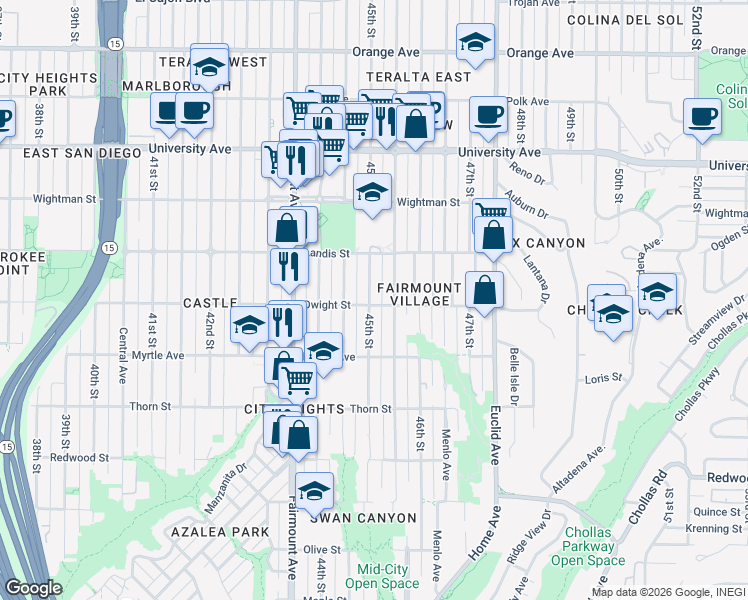 map of restaurants, bars, coffee shops, grocery stores, and more near 3575 45th Street in San Diego