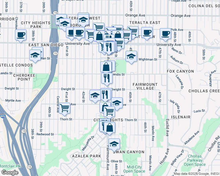 map of restaurants, bars, coffee shops, grocery stores, and more near 3571 Fairmount Avenue in San Diego