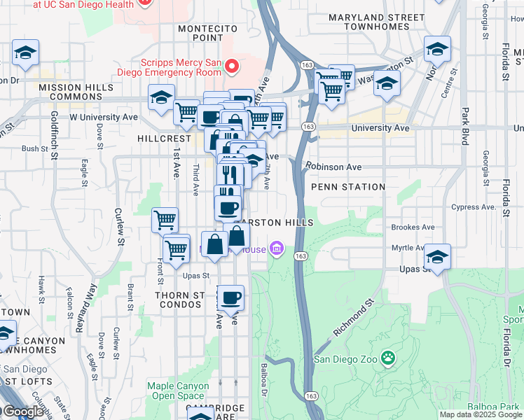 map of restaurants, bars, coffee shops, grocery stores, and more near 3611 Sixth Avenue in San Diego