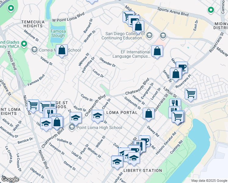map of restaurants, bars, coffee shops, grocery stores, and more near 2675 Clove Street in San Diego