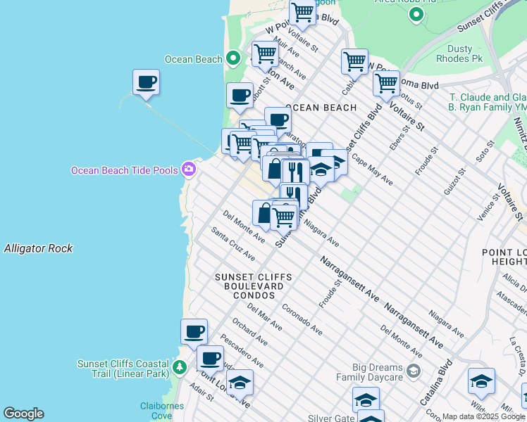 map of restaurants, bars, coffee shops, grocery stores, and more near 4873 Narragansett Avenue in San Diego
