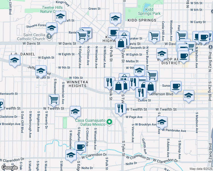 map of restaurants, bars, coffee shops, grocery stores, and more near 1005 Jefferson Boulevard in Dallas