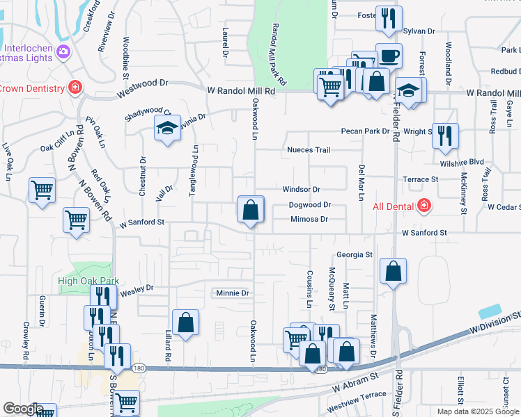 map of restaurants, bars, coffee shops, grocery stores, and more near 707 Oakwood Lane in Arlington